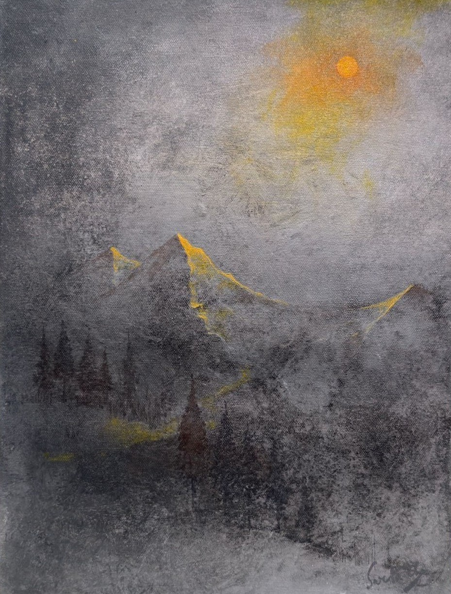 Dusk — original landscape painting, amber light and mountain wall art for Indian homes
