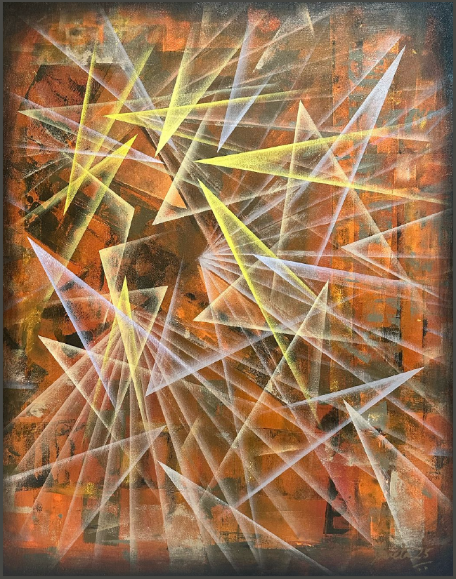 Prismatique — original abstract painting by Indian artist, geometric red shards and light