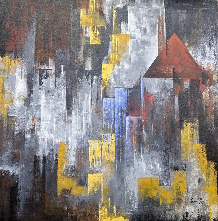 Trinity — original acrylic painting, gold and grey geometric abstract wall art by Indian artist